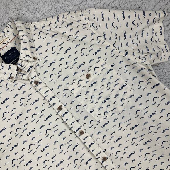 Cactus Man Button Shirt L Slim Fit White Blue Short Sleeve Mustaches Handlebar - Picture 1 of 12